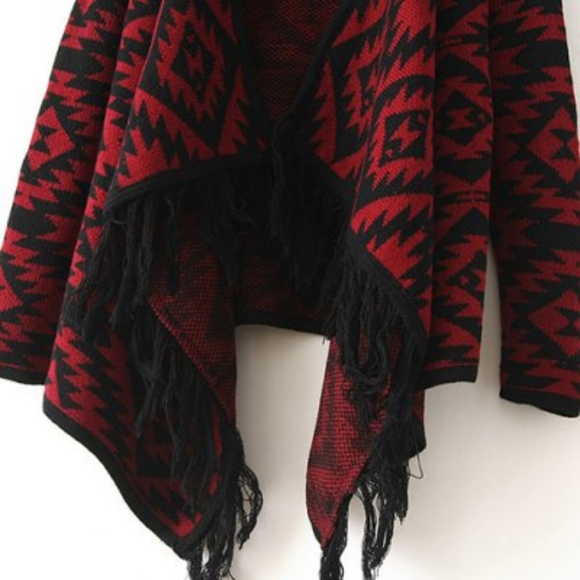 Aztec Print Open front print cardigan in Burgundy - Picture 6 of 7